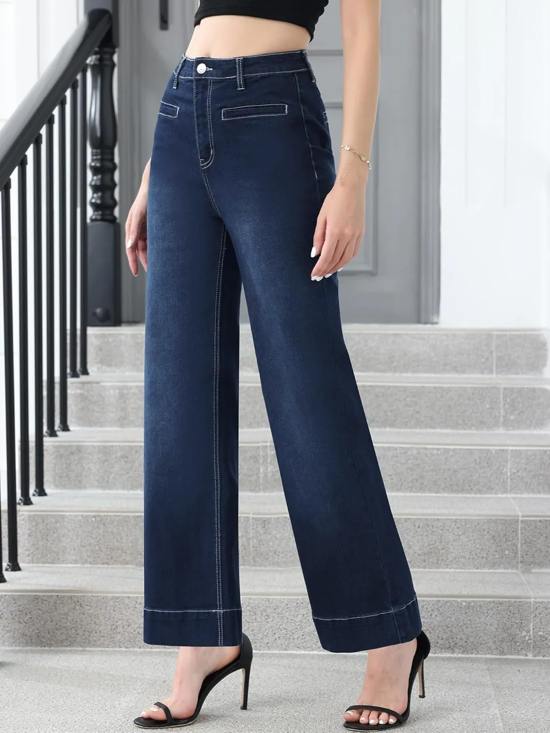 Genleck Ankle Wide Leg Jeans for Women High Waisted Boyfriend Stretchy Straight Trousers Pants with Pockets Trendy