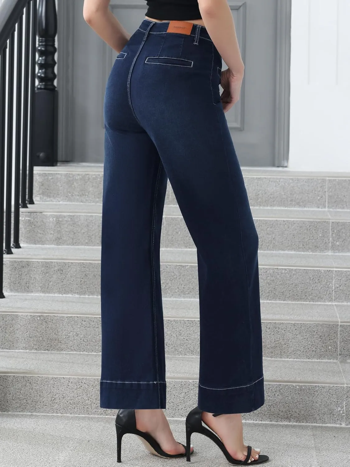 Genleck Ankle Wide Leg Jeans for Women High Waisted Boyfriend Stretchy Straight Trousers Pants with Pockets Trendy