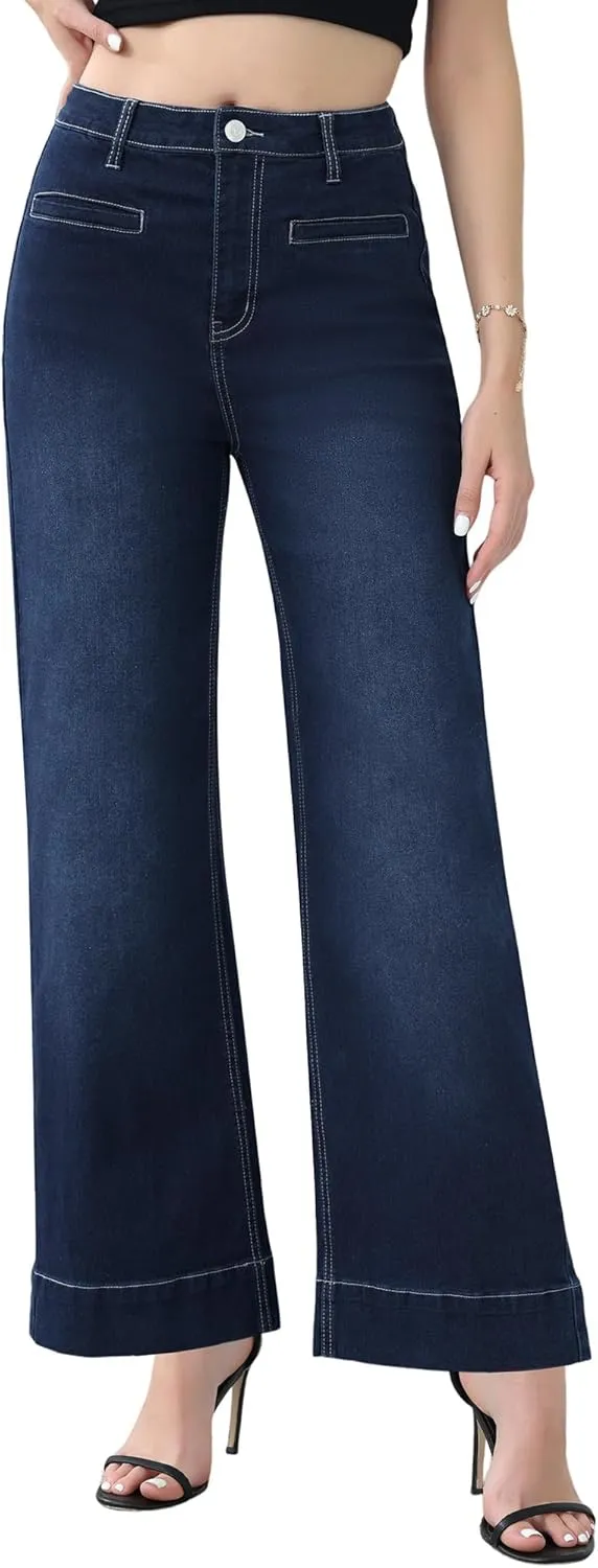 Genleck Ankle Wide Leg Jeans for Women High Waisted Boyfriend Stretchy Straight Trousers Pants with Pockets Trendy