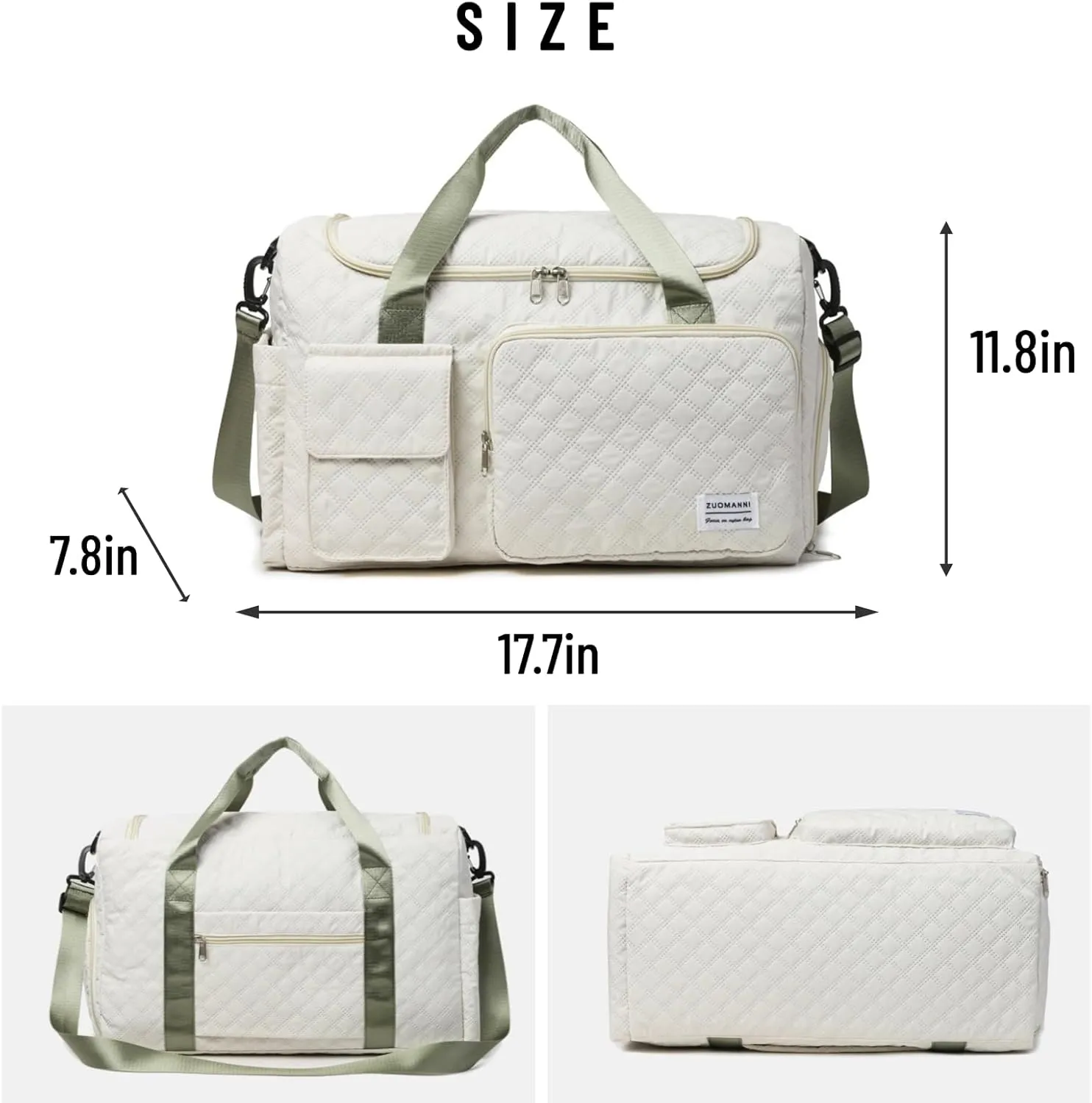 Gym Bag Travel Duffel Carry On Bag for Women & Men Sports Waterproof Lightweight with Shoe Compartment Wet Separation (Green&White)