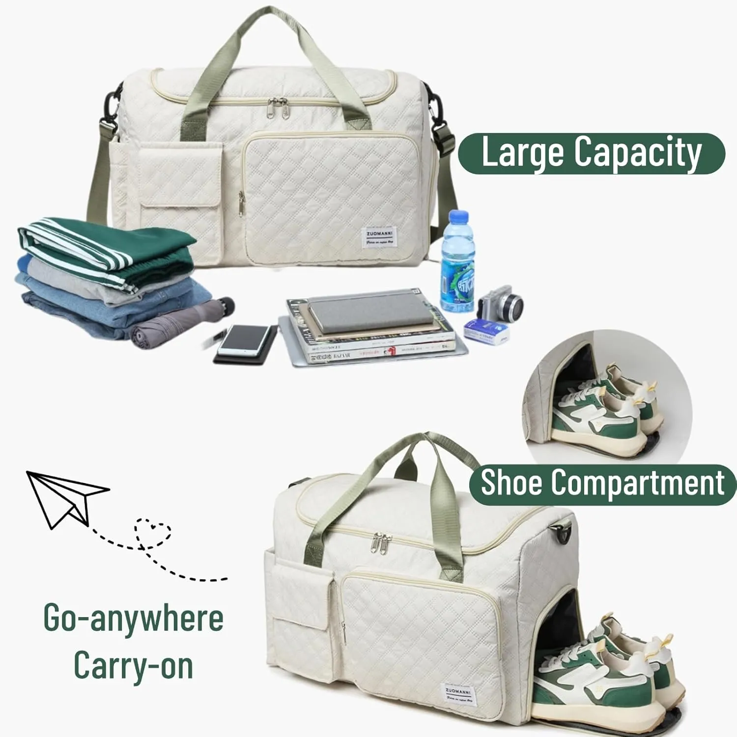 Gym Bag Travel Duffel Carry On Bag for Women & Men Sports Waterproof Lightweight with Shoe Compartment Wet Separation (Green&White)
