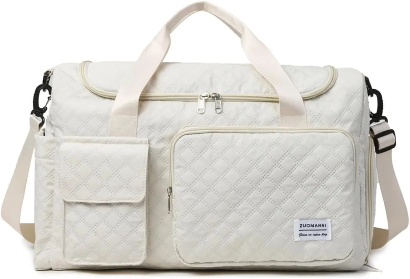 Gym Bag Travel Duffel Carry On Bag for Women & Men Sports Waterproof Lightweight with Shoe Compartment Wet Separation (White)
