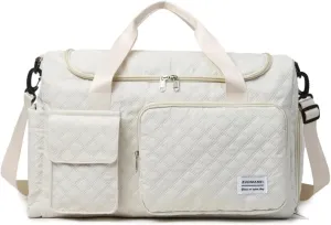 Gym Bag Travel Duffel Carry On Bag for Women & Men Sports Waterproof Lightweight with Shoe Compartment Wet Separation (White)