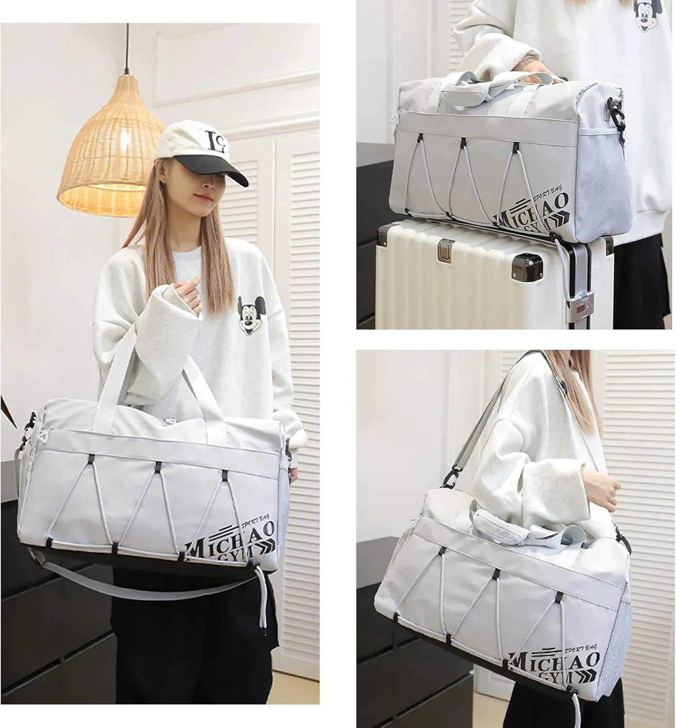 Gym Bag with Shoes Compartment, Stylish Duffle Travel Bag for Plane, Lightweight Duffle Bag for Women, Sport Gym Tote Bag with Wet Pocket (Grey)