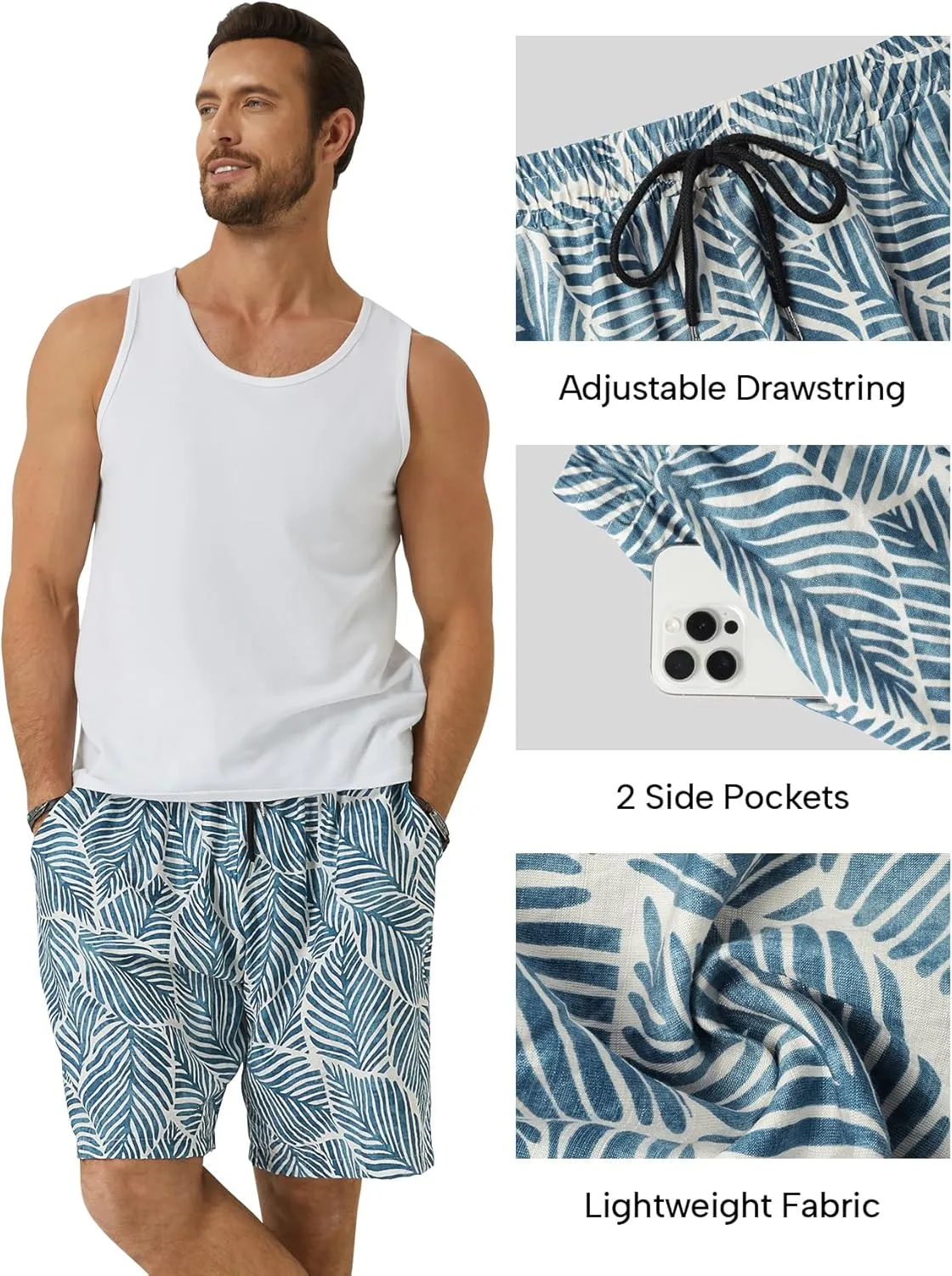 Hardaddy Men's Hawaiian Beach Shorts Lightweight Elastic Waist Lounge Pants for Travel & Sleep