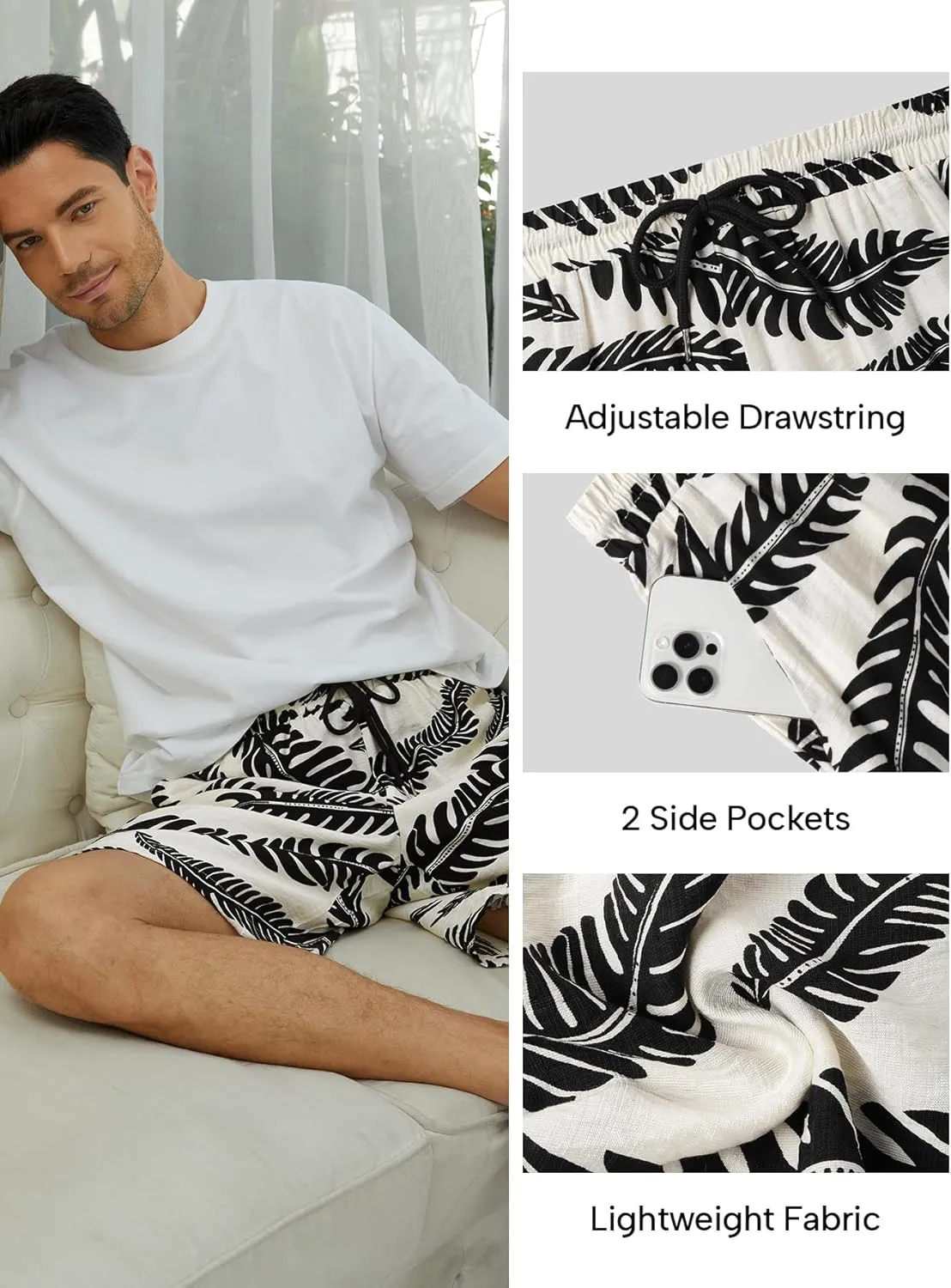 Hardaddy Men's Hawaiian Beach Shorts Lightweight Elastic Waist Lounge Pants for Travel & Sleep