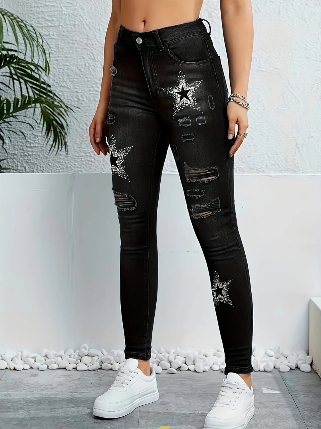 HBER Shaping Skinny Jeans for Women Mid Rise Stretchy Ripped Star Graphic Print Slim Fit Butt Lifting Jeans