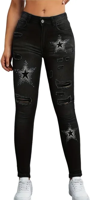 HBER Shaping Skinny Jeans for Women Mid Rise Stretchy Ripped Star Graphic Print Slim Fit Butt Lifting Jeans