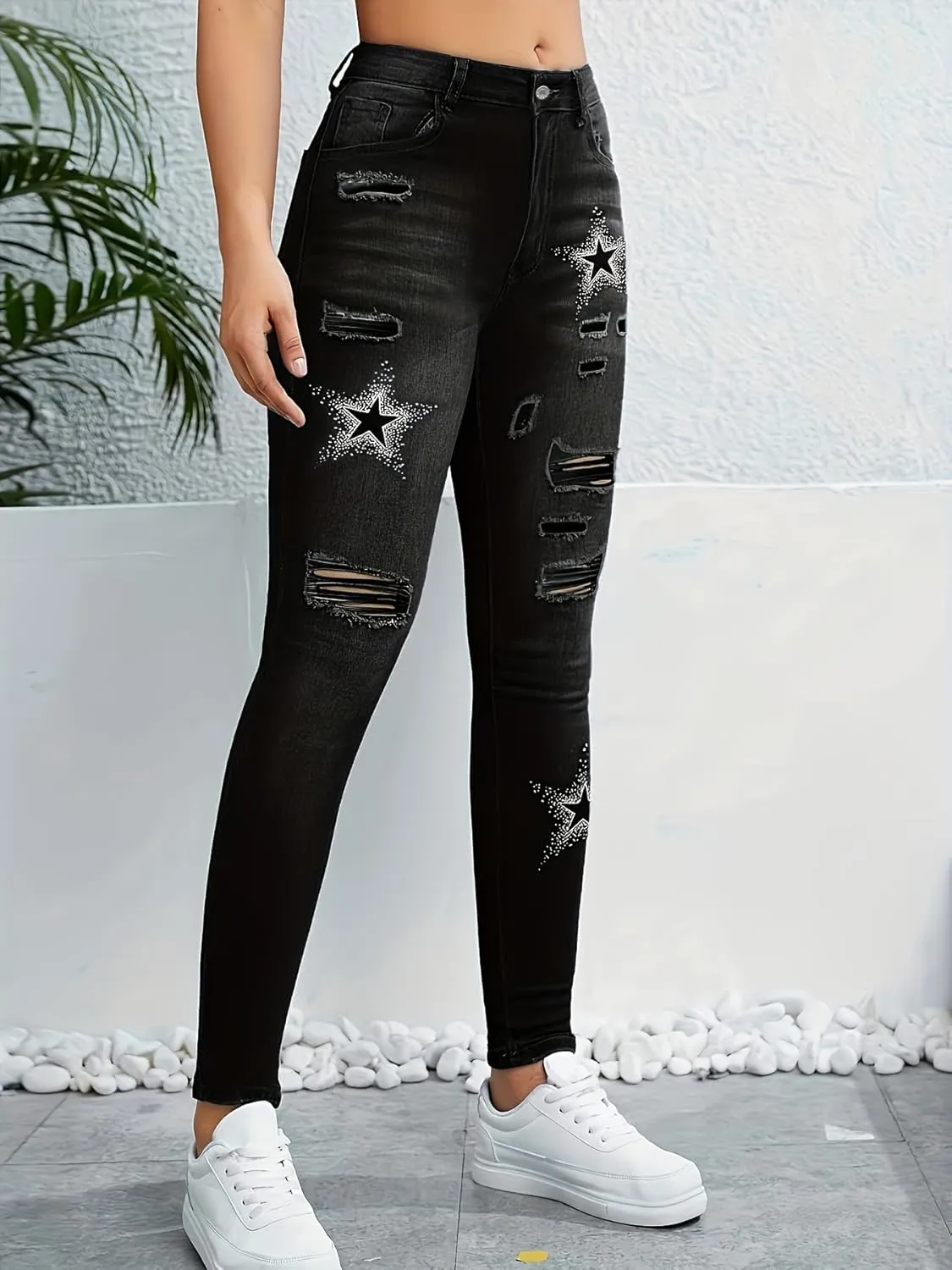 HBER Shaping Skinny Jeans for Women Mid Rise Stretchy Ripped Star Graphic Print Slim Fit Butt Lifting Jeans