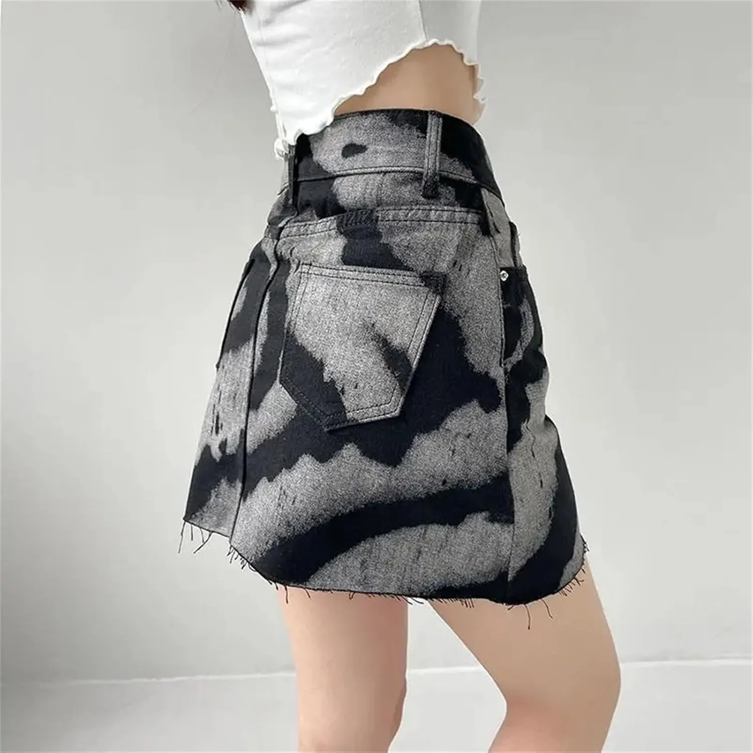 High Waist Tie Dye A Line Skirt for Women High Strecth Black Retro Slim Mini Denim Skirt