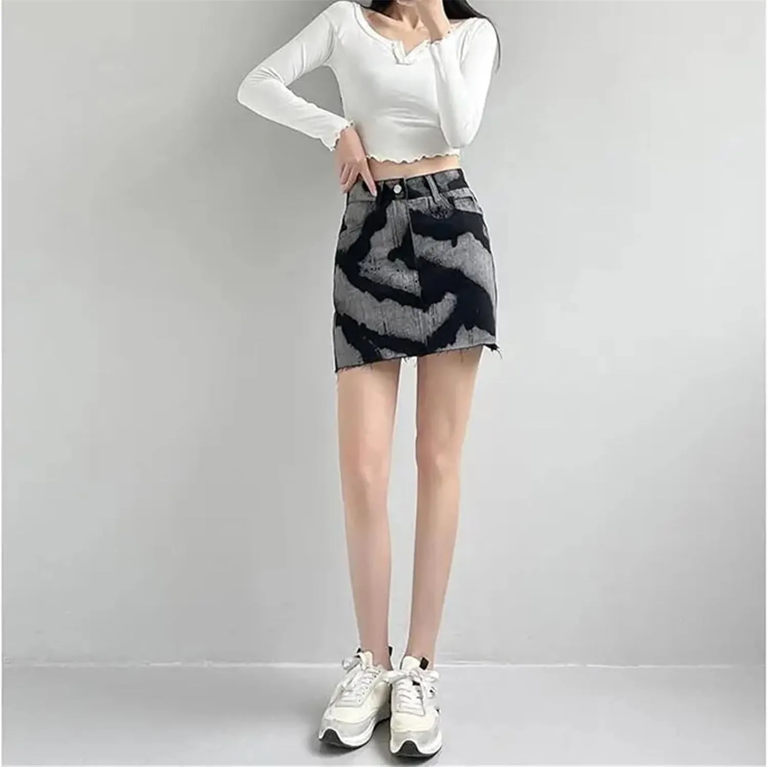 High Waist Tie Dye A Line Skirt for Women High Strecth Black Retro Slim Mini Denim Skirt
