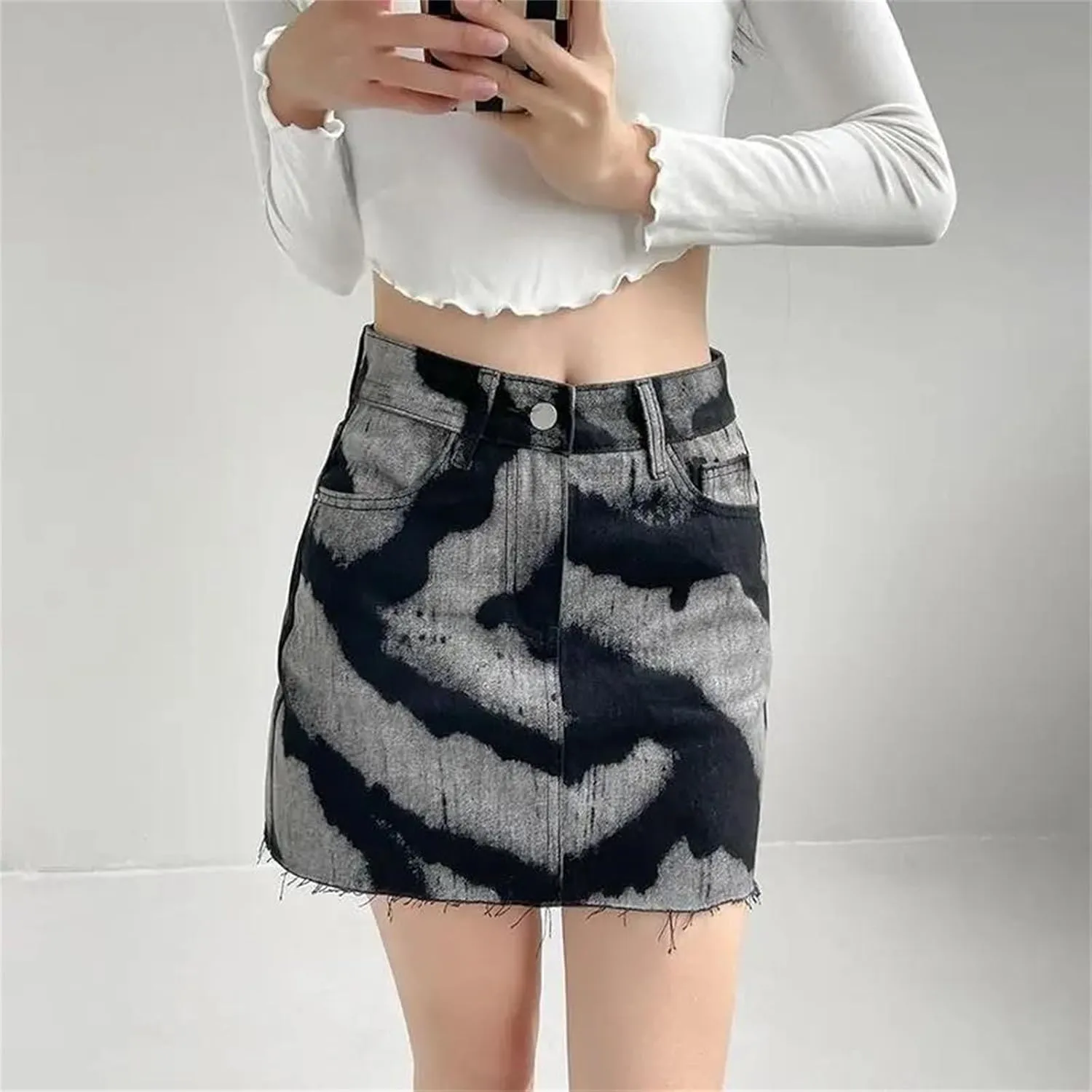 High Waist Tie Dye A Line Skirt for Women High Strecth Black Retro Slim Mini Denim Skirt