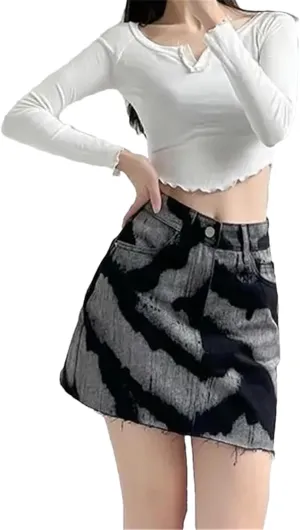 High Waist Tie Dye A Line Skirt for Women High Strecth Black Retro Slim Mini Denim Skirt