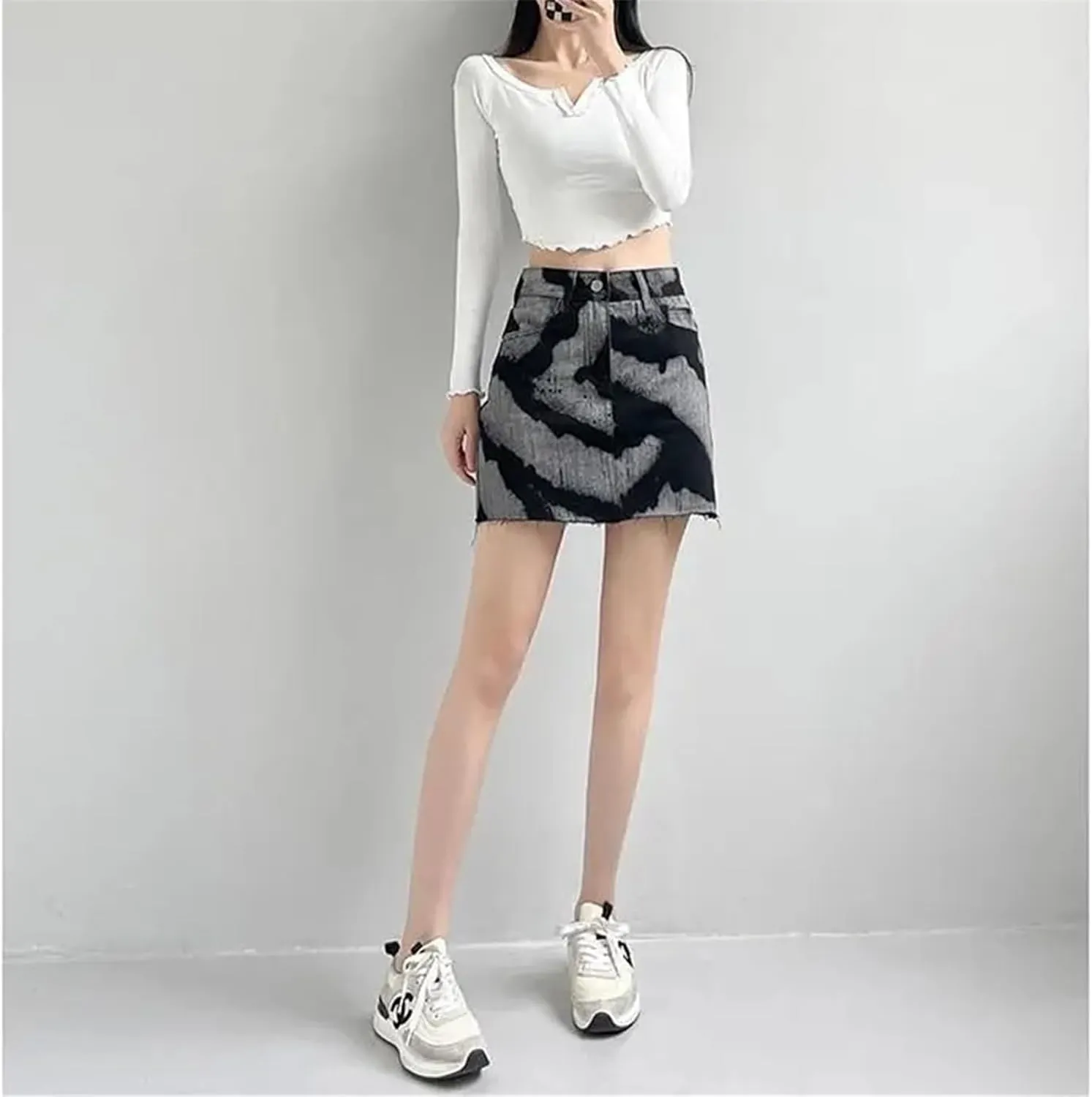 High Waist Tie Dye A Line Skirt for Women High Strecth Black Retro Slim Mini Denim Skirt