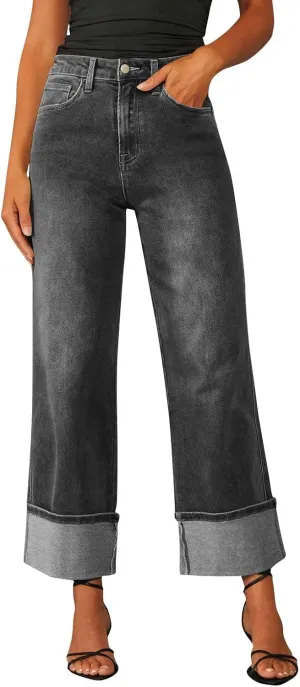 High Waisted Jeans for Women Stretchy Cuffed Wide Leg Denim Pants with Pockets Baggy Straight Leg Sweatpant Jeans