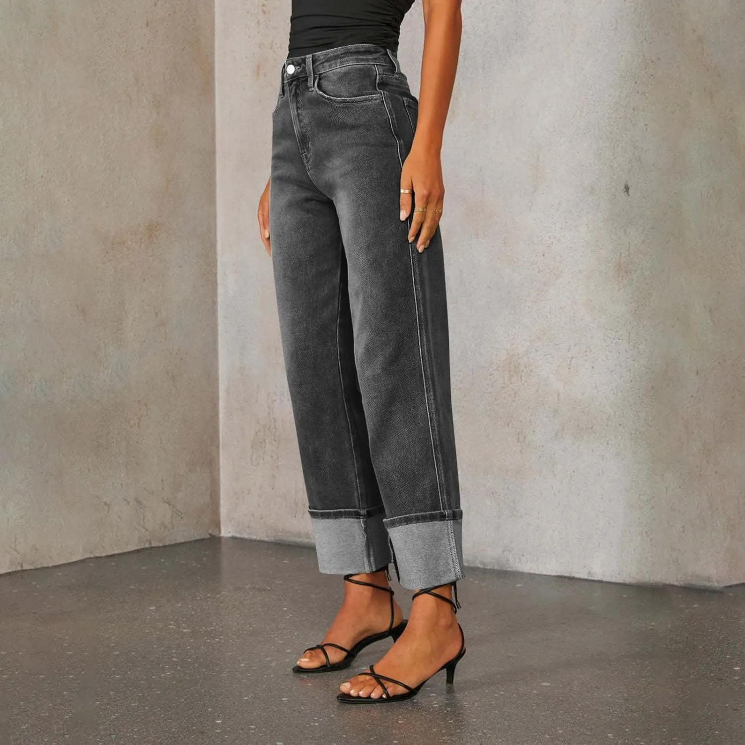 High Waisted Jeans for Women Stretchy Cuffed Wide Leg Denim Pants with Pockets Baggy Straight Leg Sweatpant Jeans