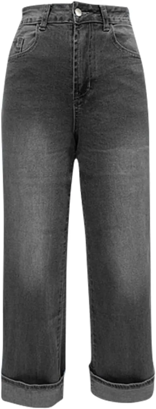 High Waisted Jeans for Women Stretchy Cuffed Wide Leg Denim Pants with Pockets Baggy Straight Leg Sweatpant Jeans