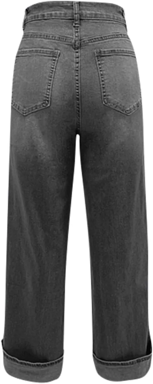 High Waisted Jeans for Women Stretchy Cuffed Wide Leg Denim Pants with Pockets Baggy Straight Leg Sweatpant Jeans