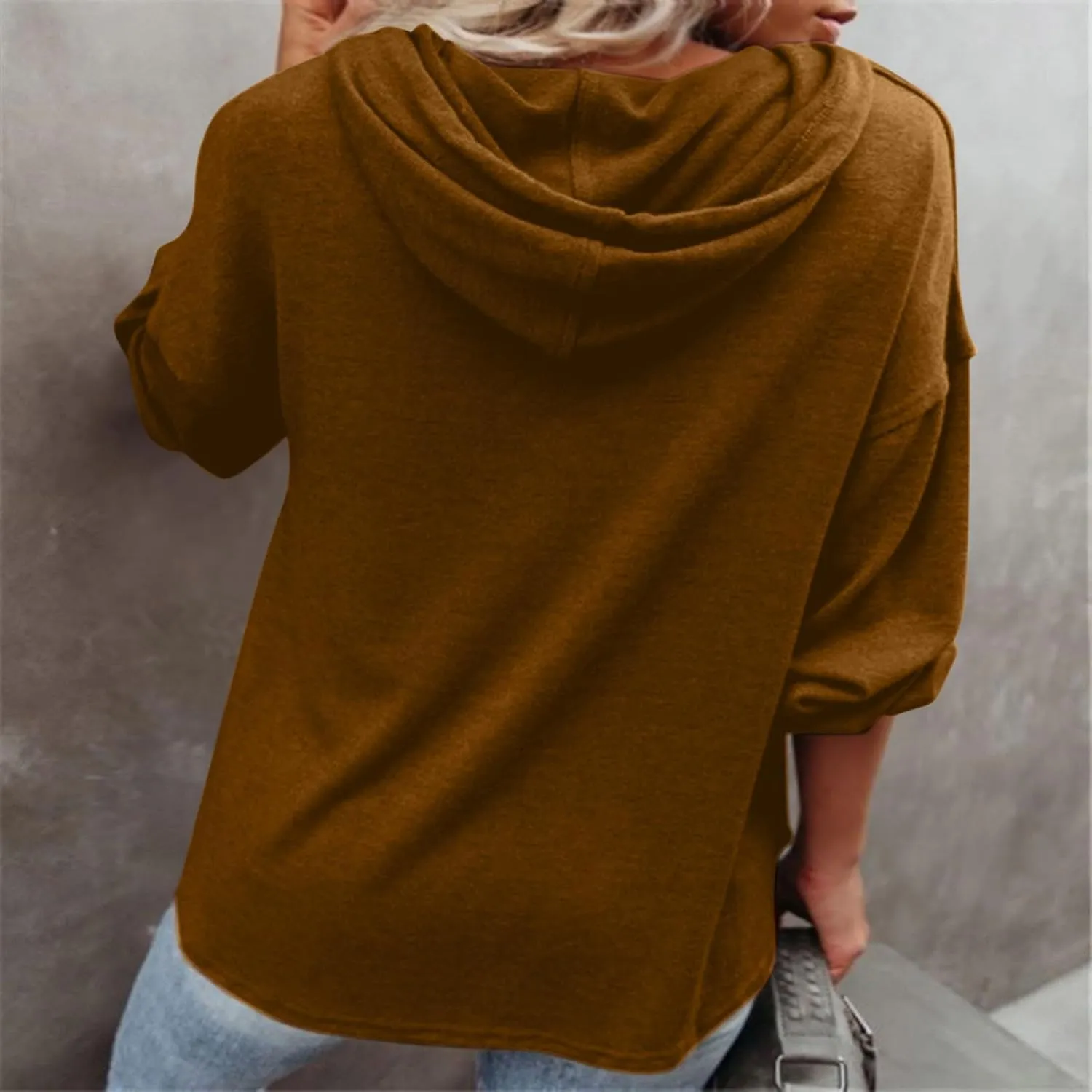 Hoodies for Women Drawstring Long Sleeve Casual Pullover Drop Shoulder V Neck Sweatshirt Ribbed Cuff Hooded Shirts