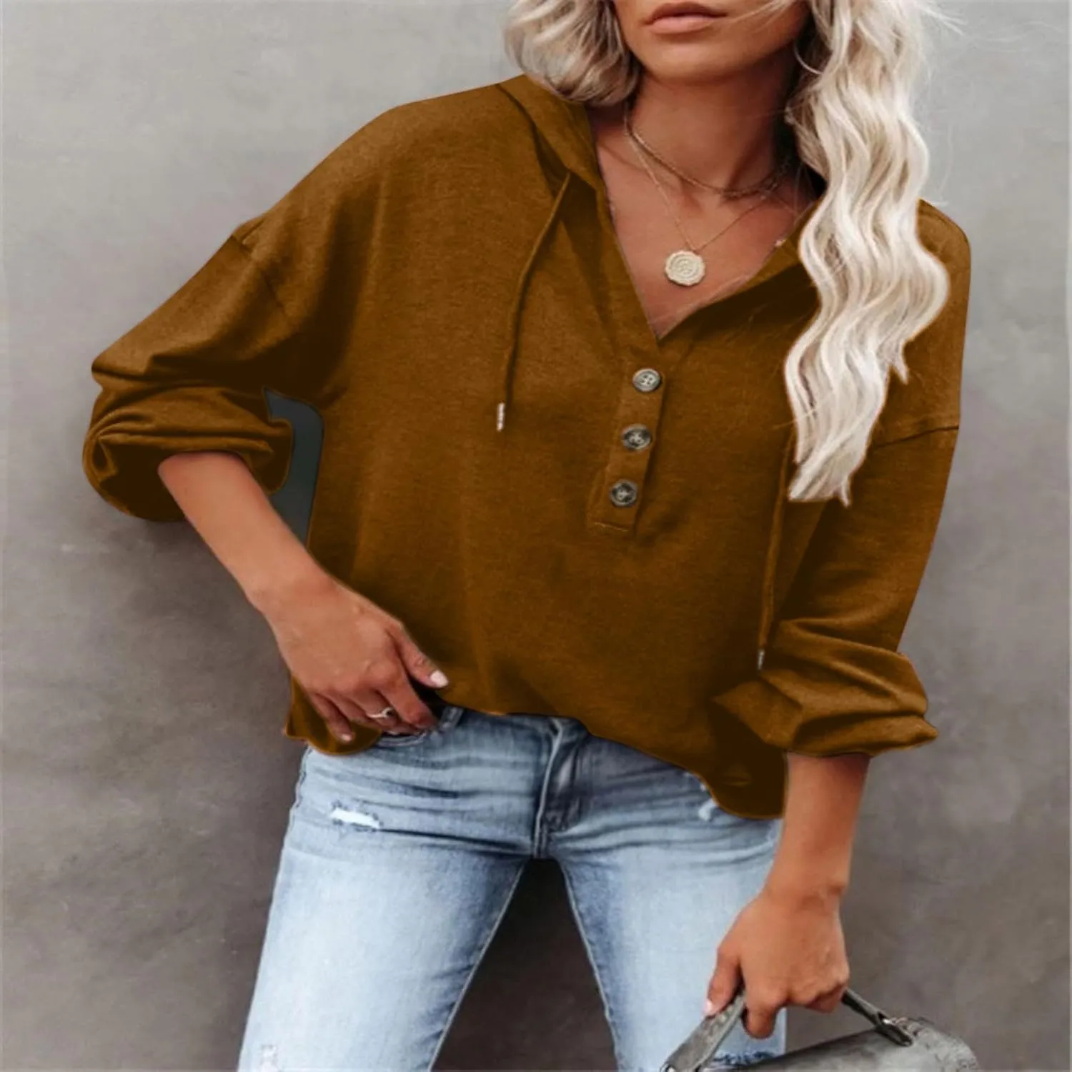 Hoodies for Women Drawstring Long Sleeve Casual Pullover Drop Shoulder V Neck Sweatshirt Ribbed Cuff Hooded Shirts