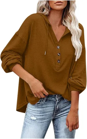 Hoodies for Women Drawstring Long Sleeve Casual Pullover Drop Shoulder V Neck Sweatshirt Ribbed Cuff Hooded Shirts