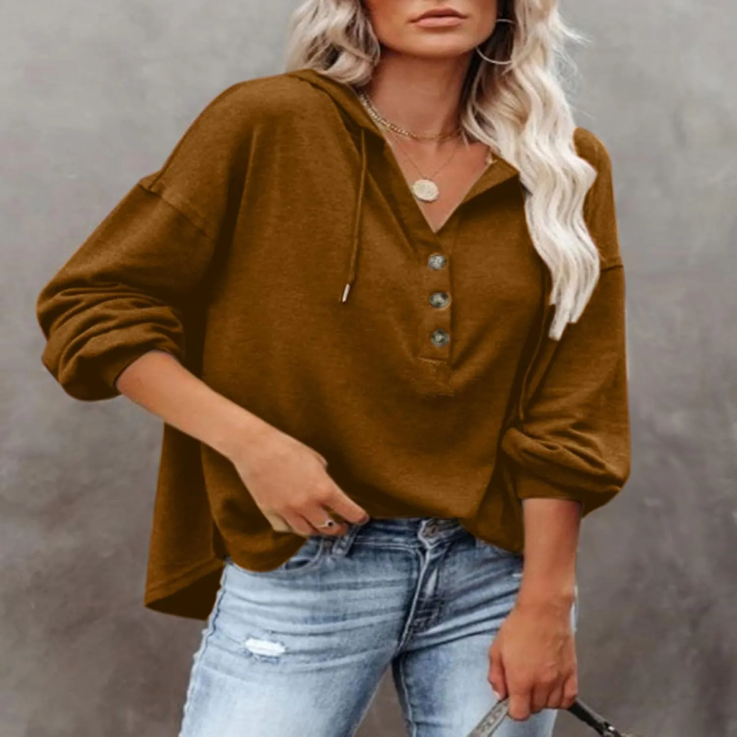 Hoodies for Women Drawstring Long Sleeve Casual Pullover Drop Shoulder V Neck Sweatshirt Ribbed Cuff Hooded Shirts