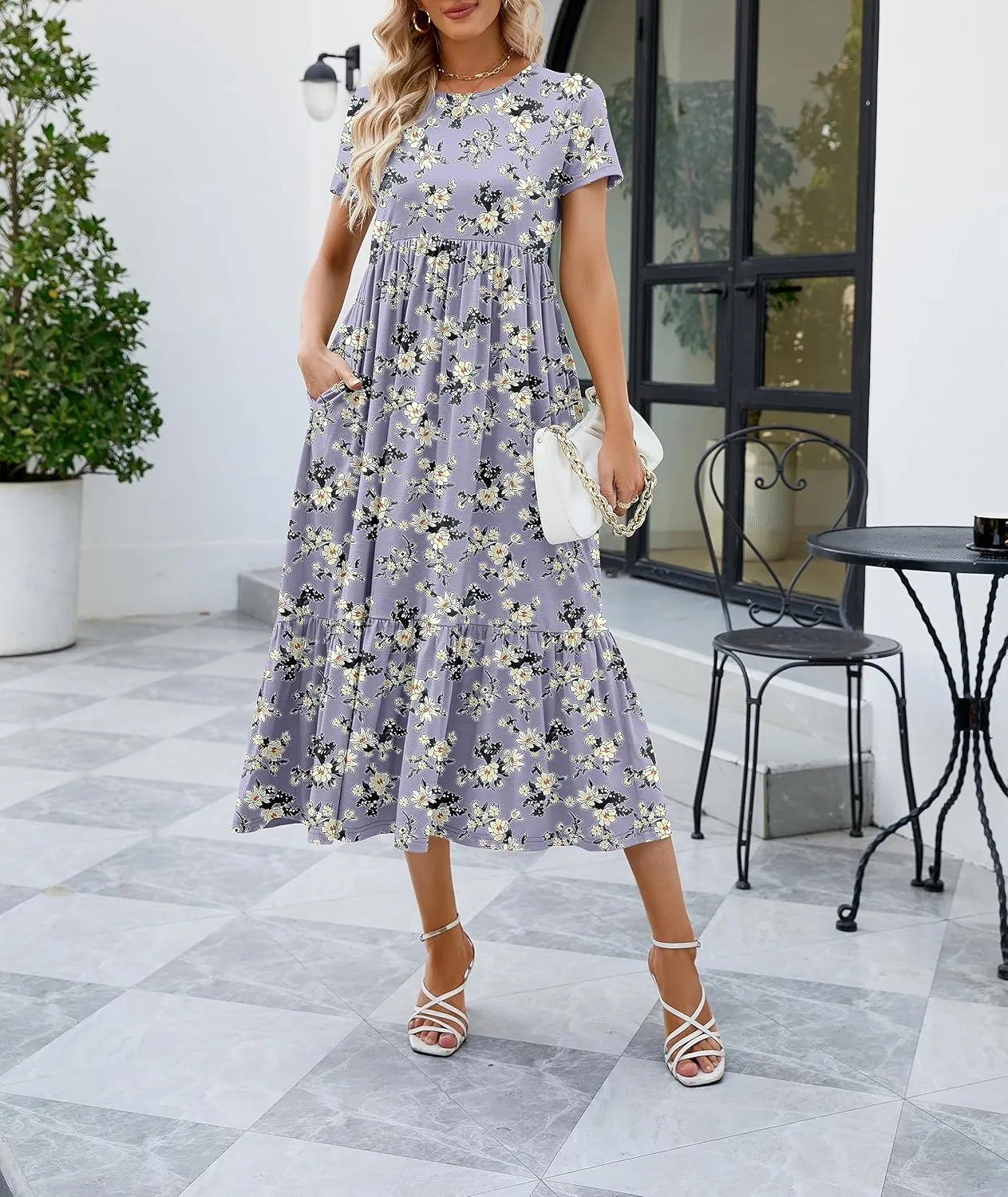 JASPAL Women's Casual Smocked Midi Dress Round Neck Elastic High Waist Flute Dresses Summer