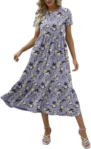 JASPAL Women's Casual Smocked Midi Dress Round Neck Elastic High Waist Flute Dresses Summer