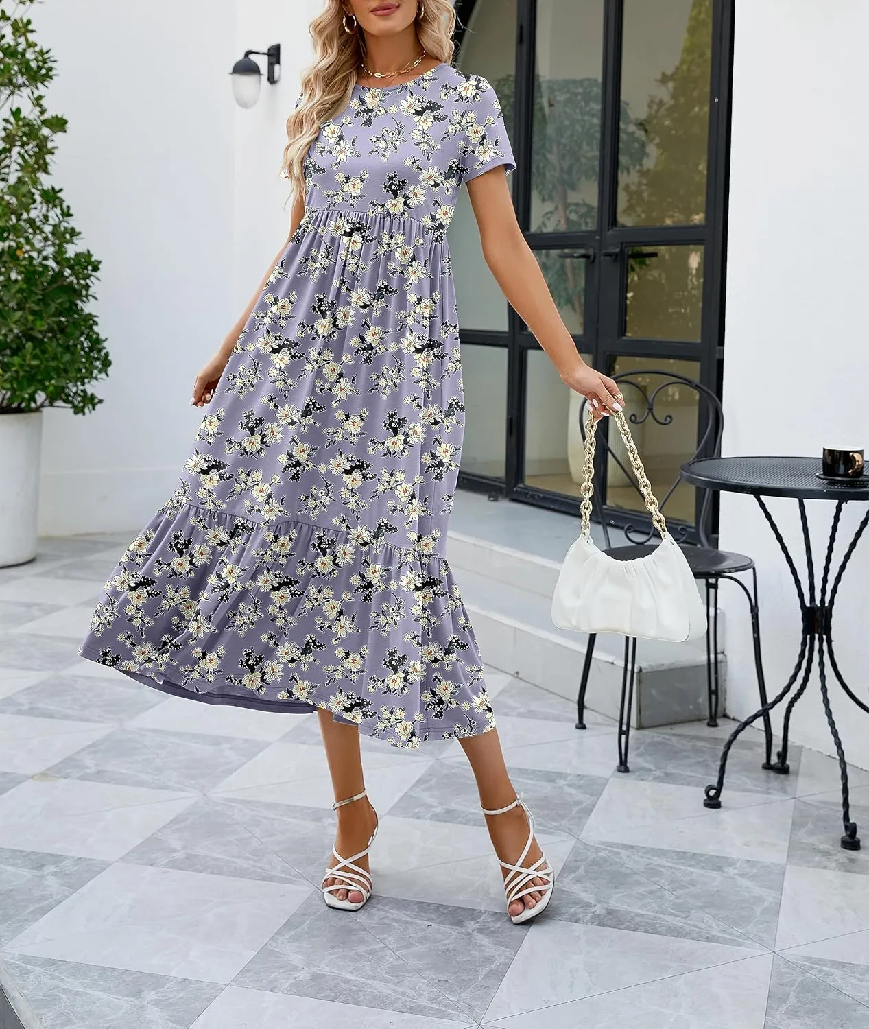 JASPAL Women's Casual Smocked Midi Dress Round Neck Elastic High Waist Flute Dresses Summer
