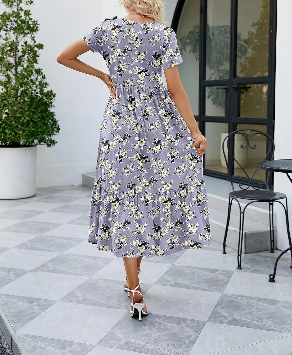 JASPAL Women's Casual Smocked Midi Dress Round Neck Elastic High Waist Flute Dresses Summer