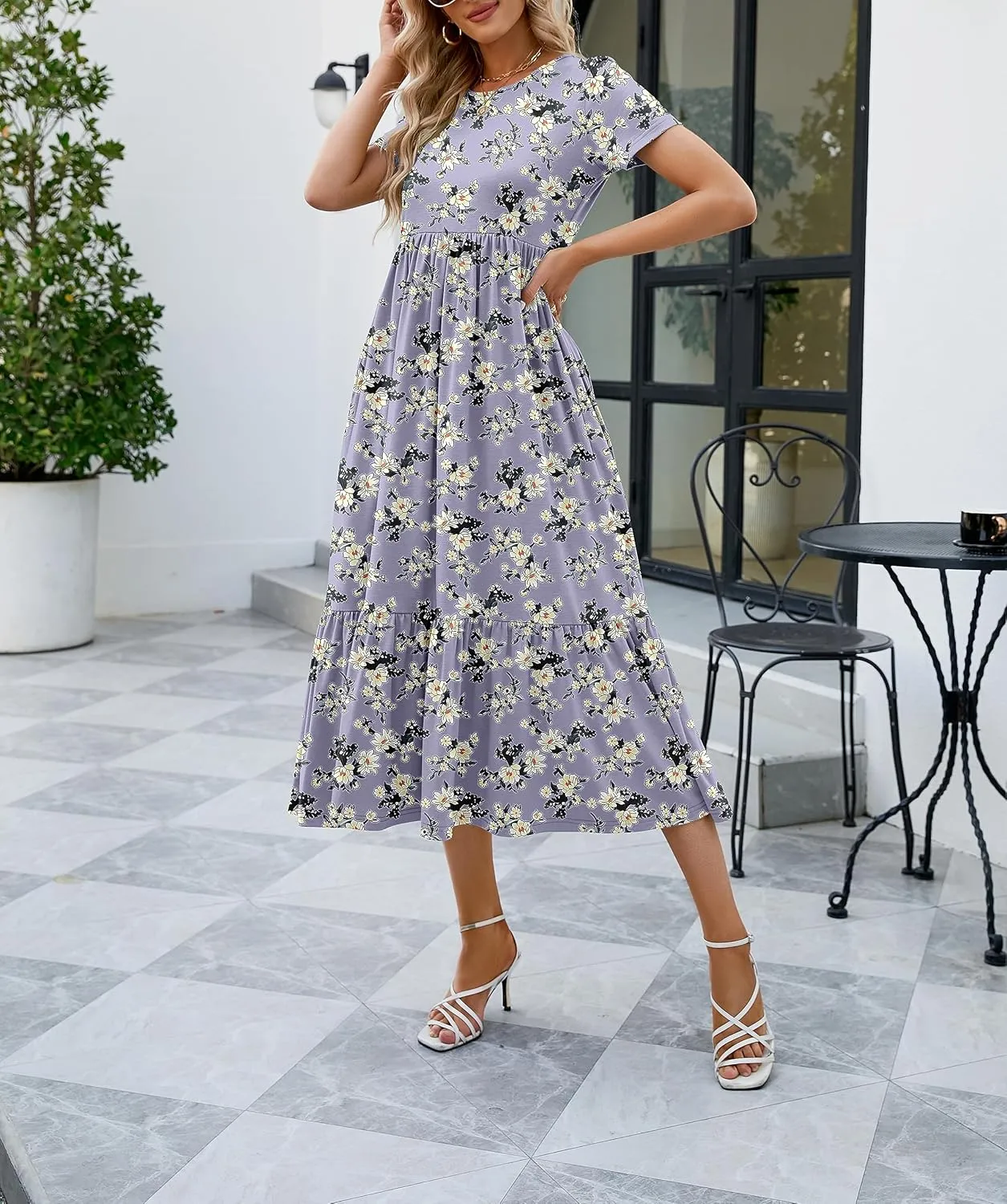 JASPAL Women's Casual Smocked Midi Dress Round Neck Elastic High Waist Flute Dresses Summer