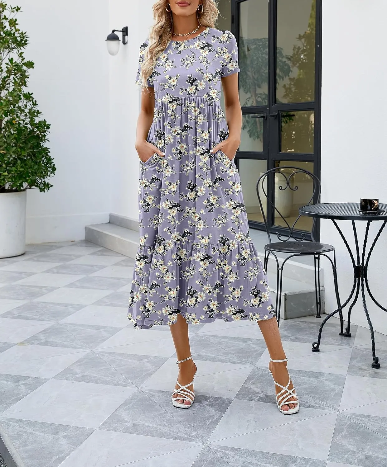 JASPAL Women's Casual Smocked Midi Dress Round Neck Elastic High Waist Flute Dresses Summer