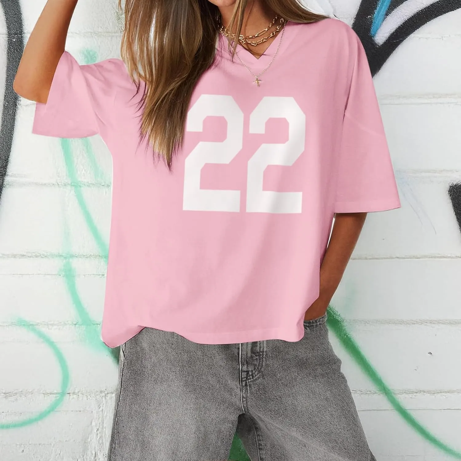 Jersey Shirts Oversized Graphic Tees Y2k for Women Number V Neck Baggy T Shirts Grunge Coquette Clothes Streetwear