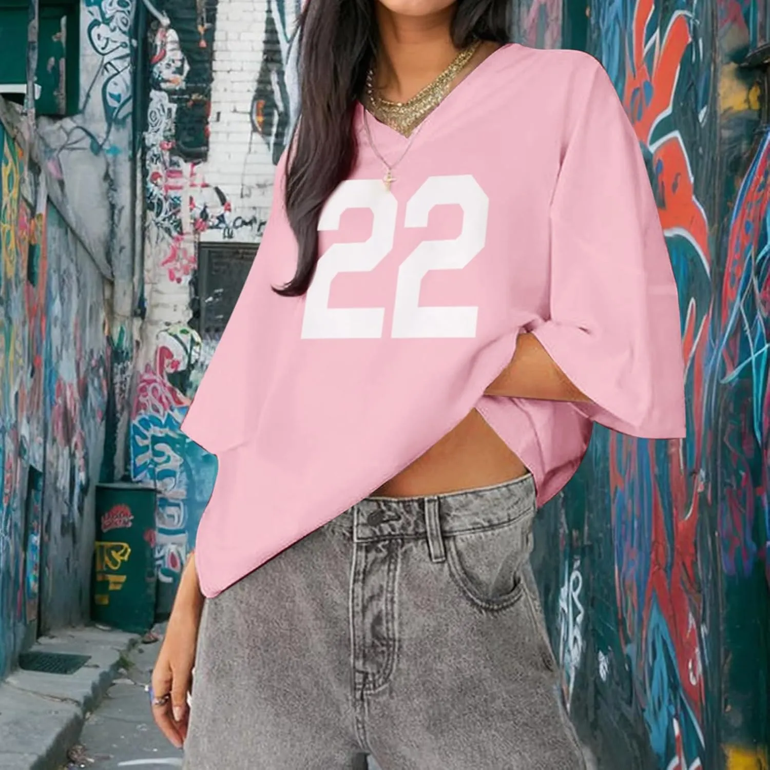 Jersey Shirts Oversized Graphic Tees Y2k for Women Number V Neck Baggy T Shirts Grunge Coquette Clothes Streetwear
