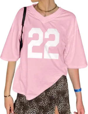 Jersey Shirts Oversized Graphic Tees Y2k for Women Number V Neck Baggy T Shirts Grunge Coquette Clothes Streetwear