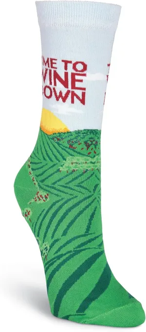 K. Bell Socks Women's Fun Happy Hour Funny Novelty Crew Socks, Wine Down (Blue), Shoe Size: 4-10