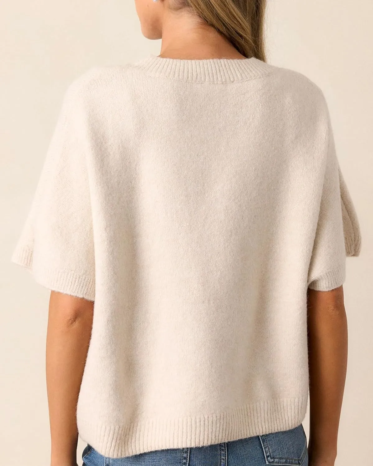 Kedera Womens Short Sleeve Bow Sweater Crewneck Cropped Pearl Top Bow Embellished Top Loose Pullover Thick Knitwear