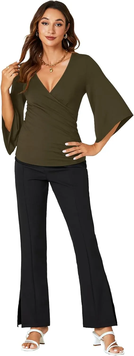 KIFOVEN Womens 3/4 Bell Sleeve Tee Shirt Deep V Neck Wrap Ruched Slim Fit T Shirt Blouse Top