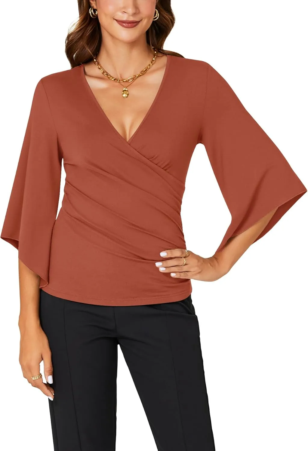 KIFOVEN Womens 3/4 Bell Sleeve Tee Shirt Deep V Neck Wrap Ruched Slim Fit T Shirt Blouse Top