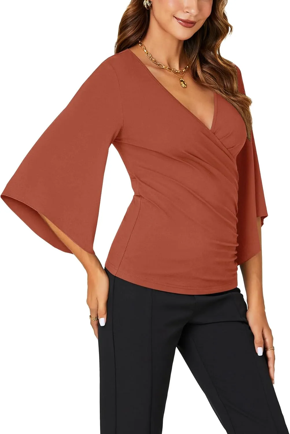 KIFOVEN Womens 3/4 Bell Sleeve Tee Shirt Deep V Neck Wrap Ruched Slim Fit T Shirt Blouse Top