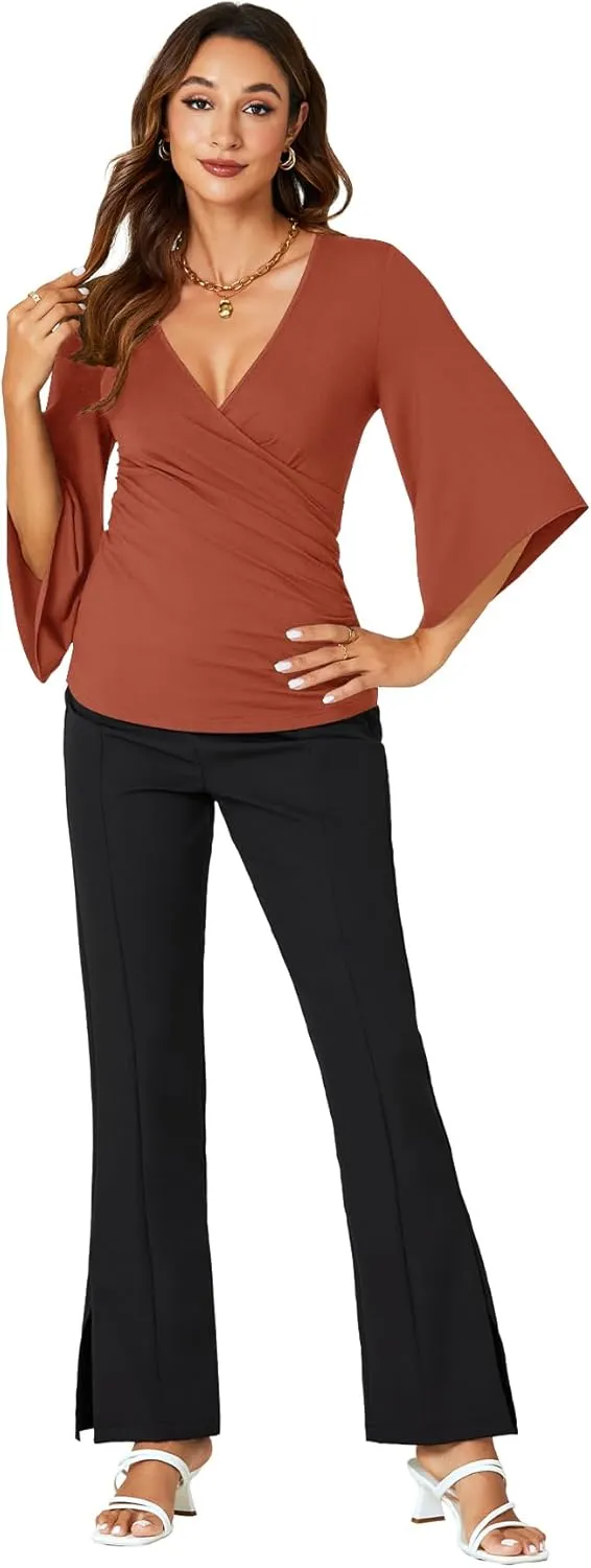 KIFOVEN Womens 3/4 Bell Sleeve Tee Shirt Deep V Neck Wrap Ruched Slim Fit T Shirt Blouse Top