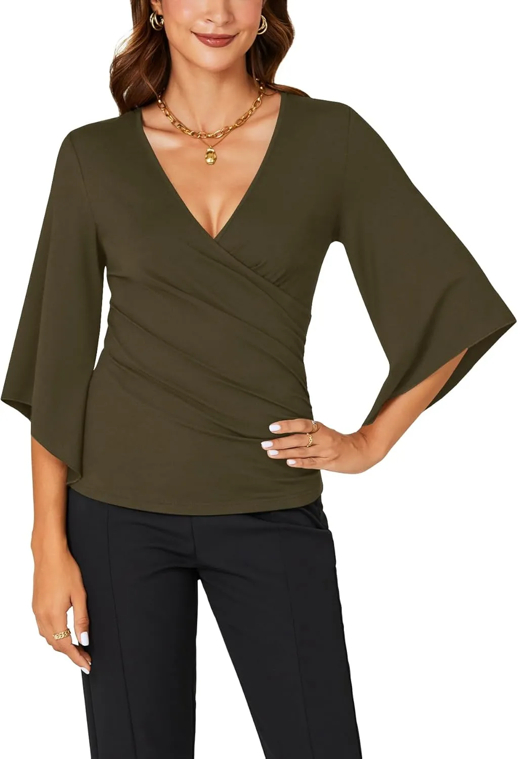 KIFOVEN Womens 3/4 Bell Sleeve Tee Shirt Deep V Neck Wrap Ruched Slim Fit T Shirt Blouse Top