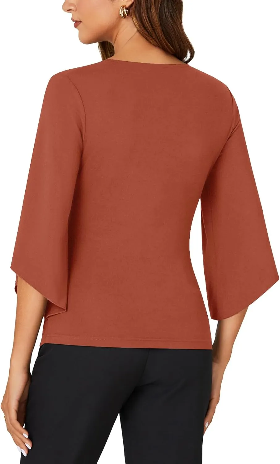 KIFOVEN Womens 3/4 Bell Sleeve Tee Shirt Deep V Neck Wrap Ruched Slim Fit T Shirt Blouse Top