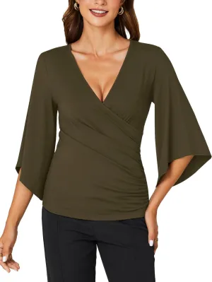 KIFOVEN Womens 3/4 Bell Sleeve Tee Shirt Deep V Neck Wrap Ruched Slim Fit T Shirt Blouse Top