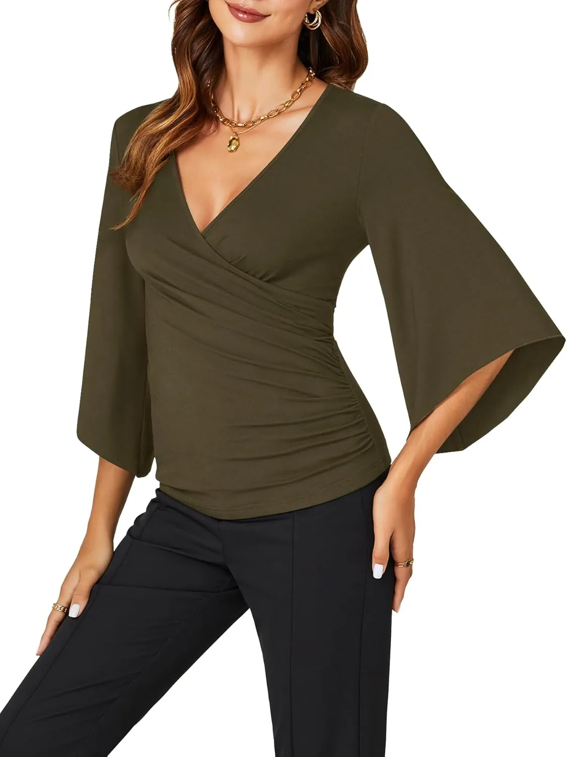 KIFOVEN Womens 3/4 Bell Sleeve Tee Shirt Deep V Neck Wrap Ruched Slim Fit T Shirt Blouse Top