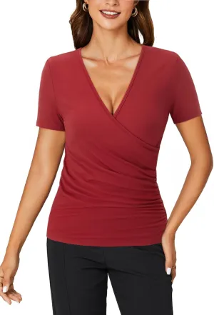 KIFOVEN Womens Short Sleeve Tee Shirt Deep V Neck Wrap Ruched Slim Fit T Shirt Blouse Top