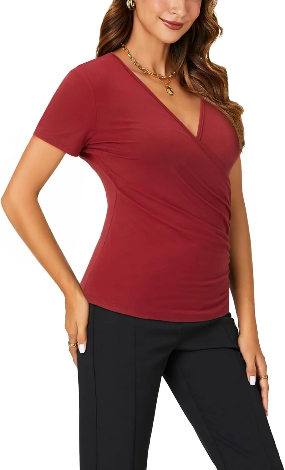 KIFOVEN Womens Short Sleeve Tee Shirt Deep V Neck Wrap Ruched Slim Fit T Shirt Blouse Top