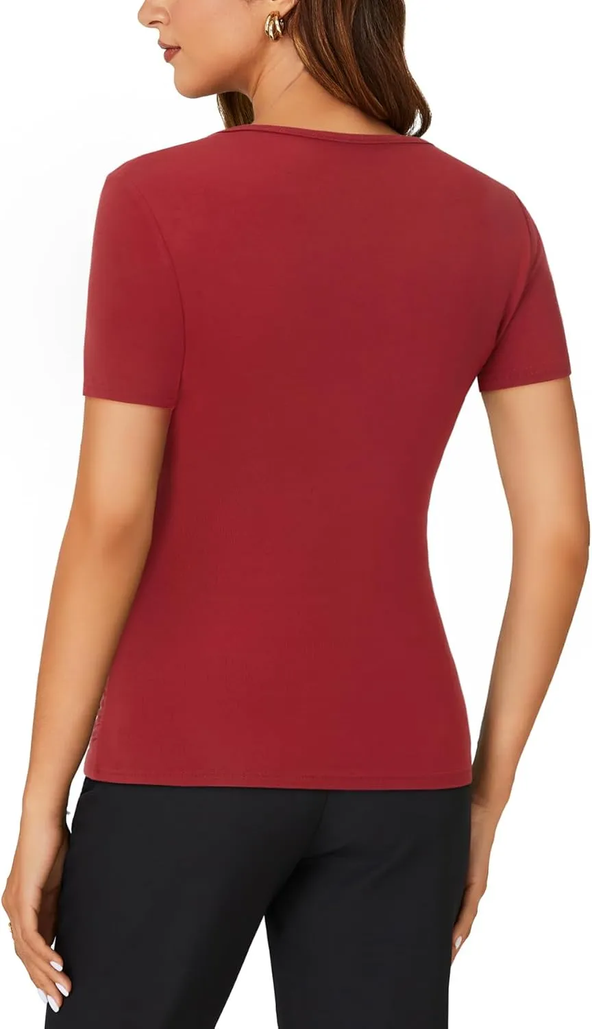 KIFOVEN Womens Short Sleeve Tee Shirt Deep V Neck Wrap Ruched Slim Fit T Shirt Blouse Top