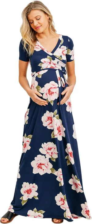 LaClef Women's Faux Wrap Maternity Maxi Dress with Adjustable Belt