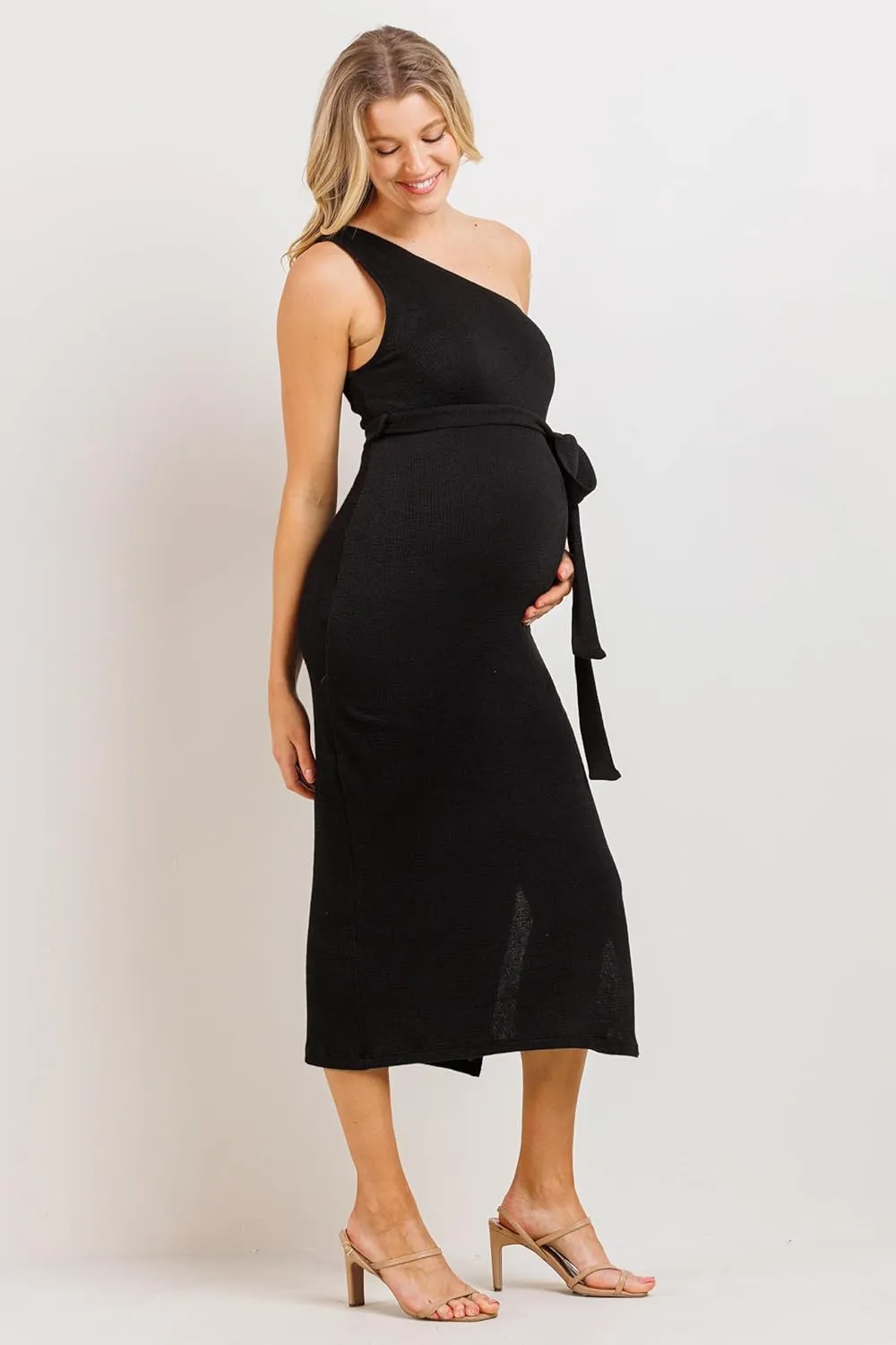 LaClef Womens One Shoulder Side Slit Tie Waist Maternity Dress
